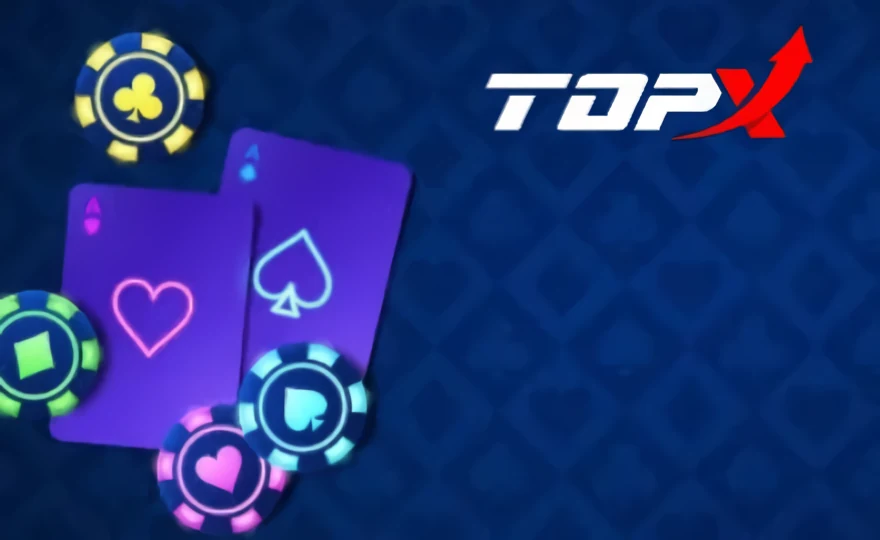 Fichas e cartas coloridas sobre fundo azul com a marca TopX