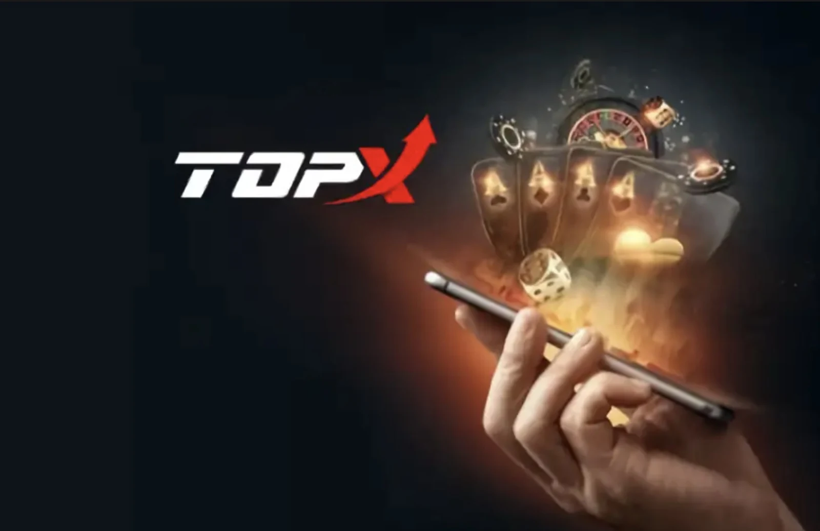 Mão segurando um celular de onde saem cartas, dados e uma roleta, com a marca TopX